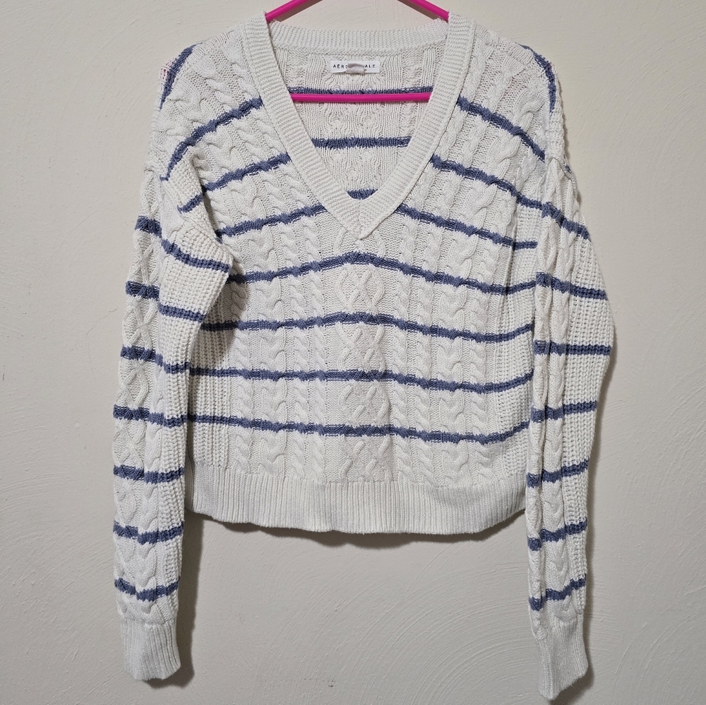 Striped V-Neck Cable Knit Sweater